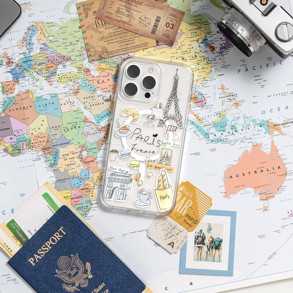 Apple iPhone 15 Pro Max Kılıf Magsafe Şarj Özellikli Çizim Desenli Şok Önleyicili Şeffaf Lisanslı Switcheasy City-M Paris Kapak Renksiz