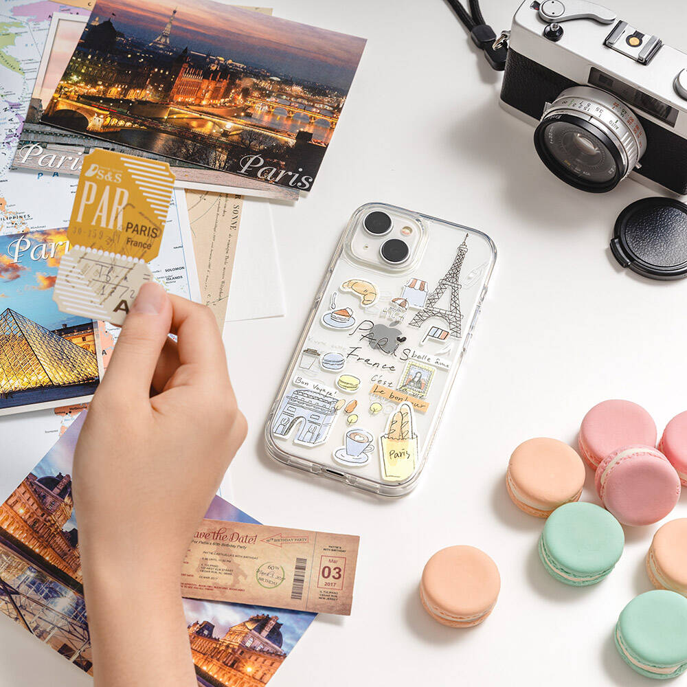 Apple iPhone 15 Pro Max Kılıf Magsafe Şarj Özellikli Çizim Desenli Şok Önleyicili Şeffaf Lisanslı Switcheasy City-M Paris Kapak Renksiz