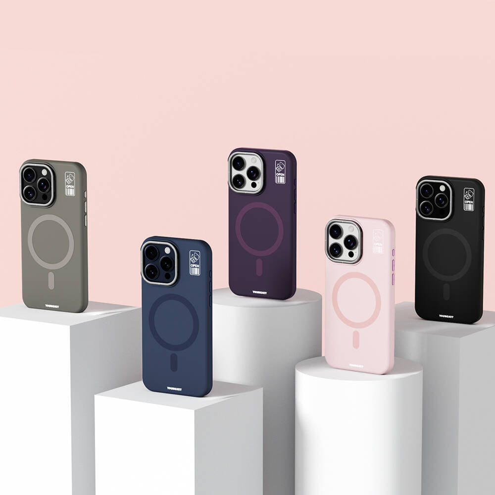 Apple iPhone 15 Pro Max Kılıf Magsafe Şarj Özellikli Kamera Standlı Youngkit Bitty Cream Kapak Mavi