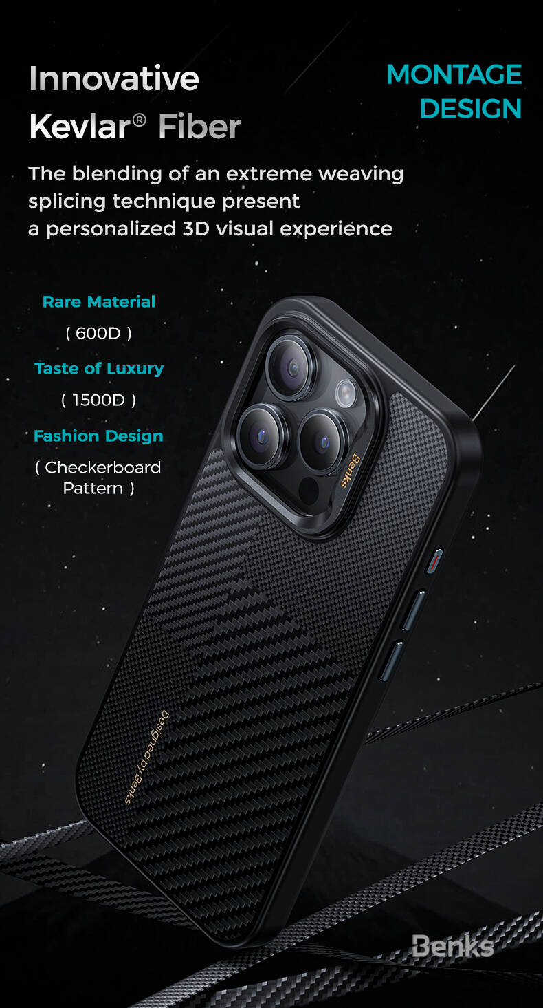 Apple iPhone 15 Pro Max Kılıf Magsafe Şarj Özellikli Karbon Fiber Benks Montage Hybrid ArmorPro Kevlar Kapak Siyah