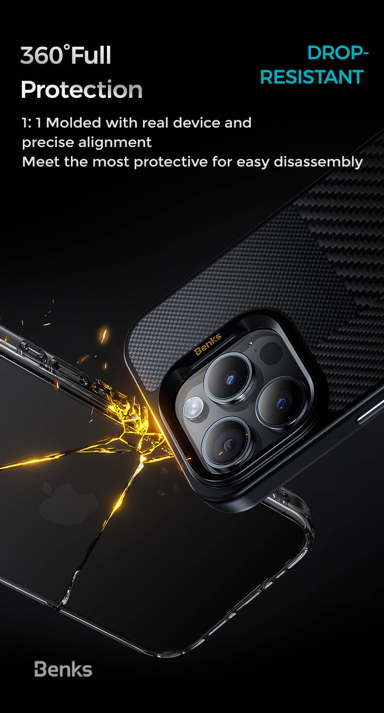 Apple iPhone 15 Pro Max Kılıf Magsafe Şarj Özellikli Karbon Fiber Benks Montage Hybrid ArmorPro Kevlar Kapak Siyah