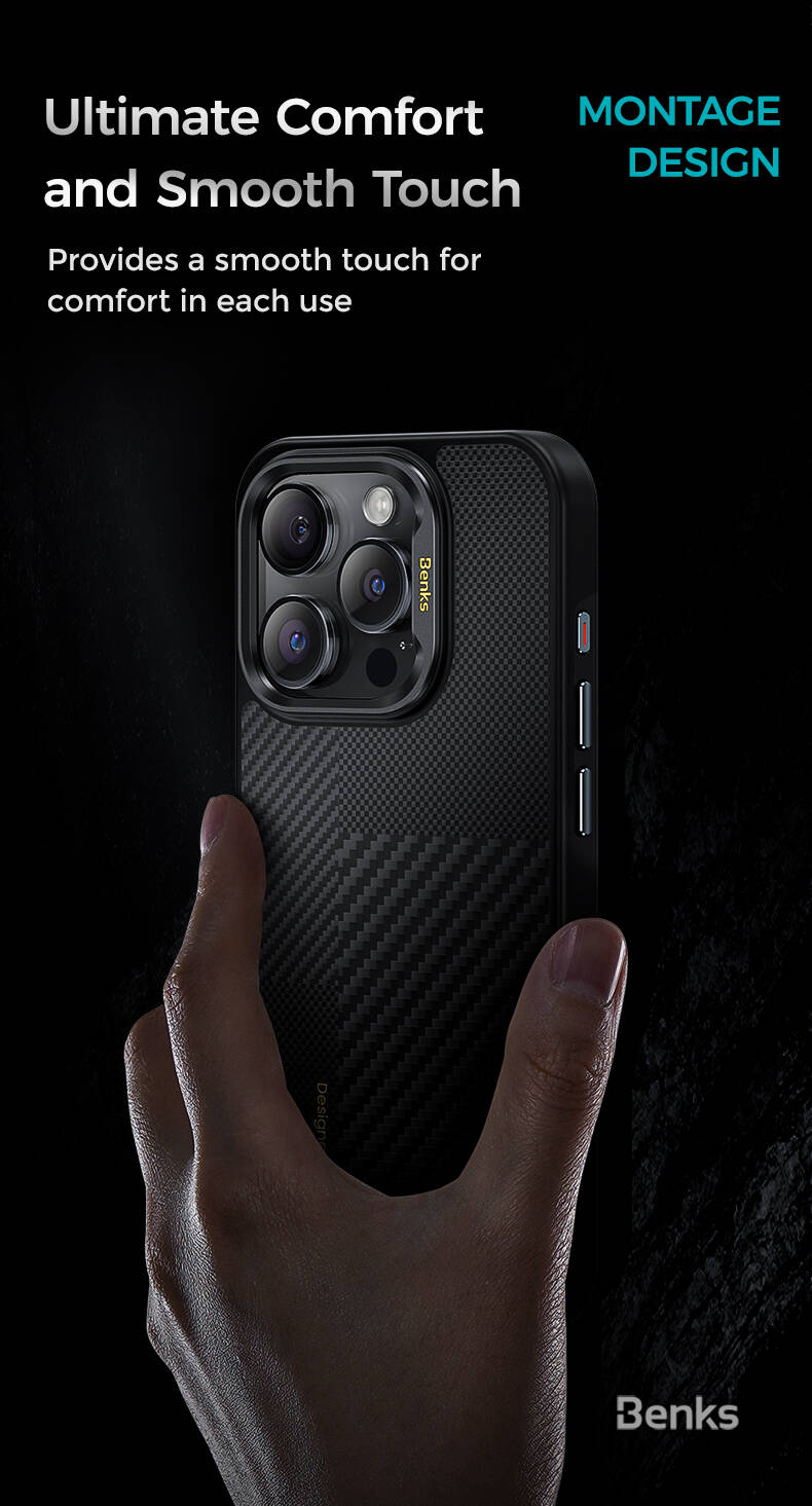 Apple iPhone 15 Pro Max Kılıf Magsafe Şarj Özellikli Karbon Fiber Benks Montage Hybrid ArmorPro Kevlar Kapak Siyah