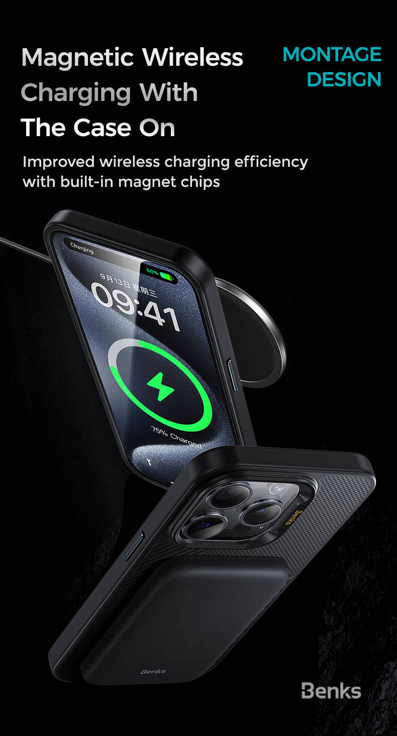 Apple iPhone 15 Pro Max Kılıf Magsafe Şarj Özellikli Karbon Fiber Benks Montage Hybrid ArmorPro Kevlar Kapak Siyah