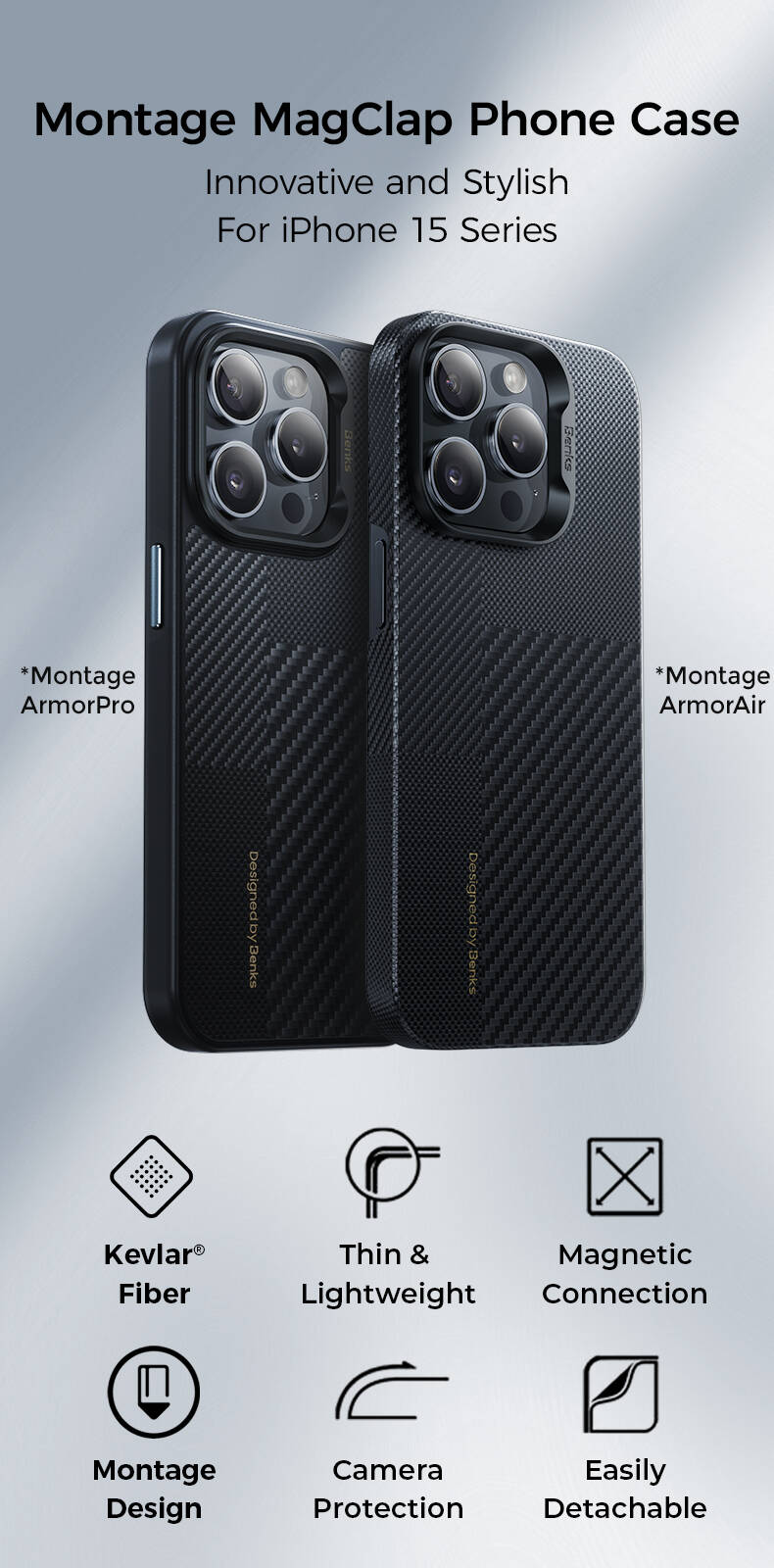 Apple iPhone 15 Pro Max Kılıf Magsafe Şarj Özellikli Karbon Fiber Benks Montage Hybrid ArmorPro Kevlar Kapak Siyah