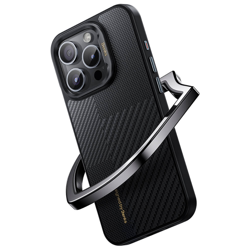 Apple iPhone 15 Pro Max Kılıf Magsafe Şarj Özellikli Karbon Fiber Benks Montage Hybrid ArmorPro Kevlar Kapak Siyah