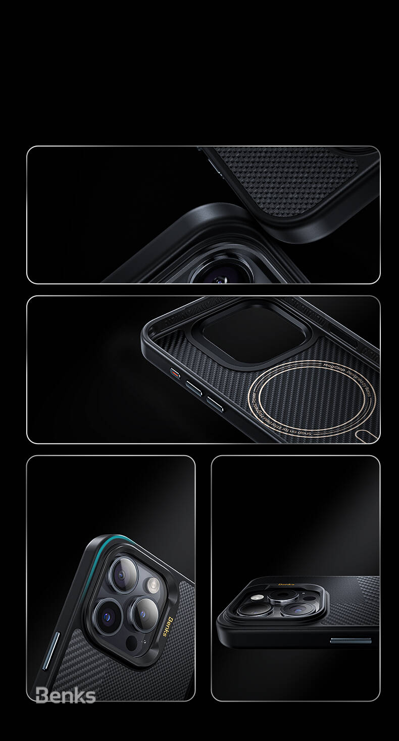 Apple iPhone 15 Pro Max Kılıf Magsafe Şarj Özellikli Karbon Fiber Benks Montage Hybrid ArmorPro Kevlar Kapak Siyah