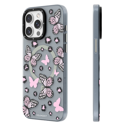 Apple iPhone 15 Pro Max Kılıf Magsafe Şarj Özellikli Kelebek Desenli Youngkit Shadow Dance Serisi Kapak Pembe