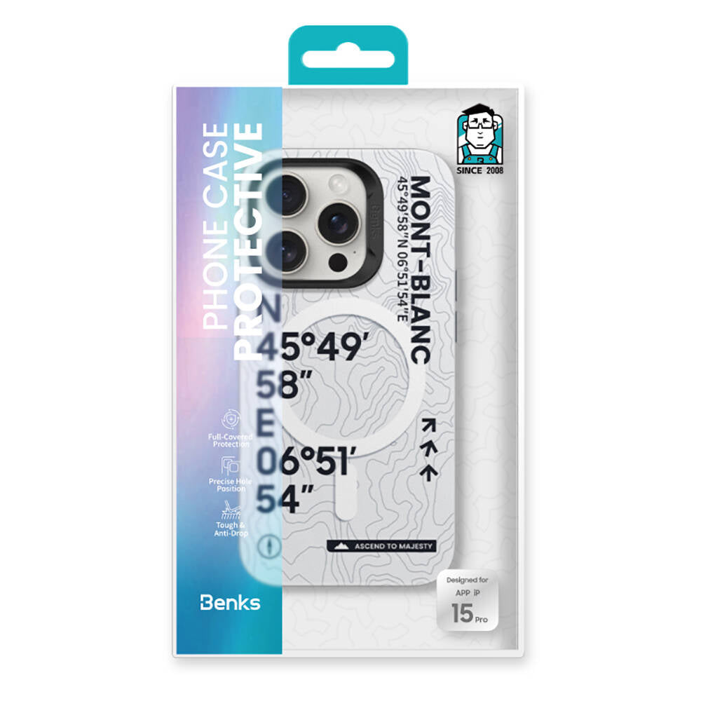 Apple iPhone 15 Pro Max Kılıf Magsafe Şarj Özellikli Koordinat Yazı Desenli Benks Summit Serisi Kapak Beyaz