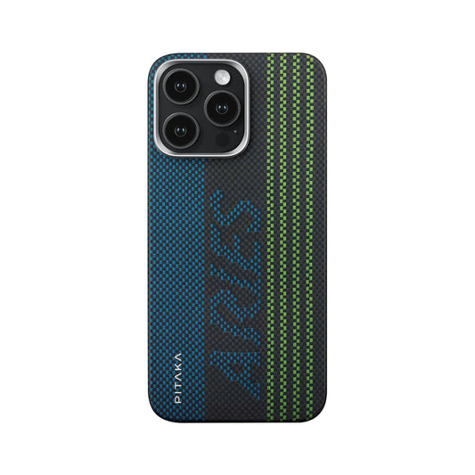 Apple iPhone 15 Pro Max Kılıf  Magsafe Şarj Özellikli Lumintex Teknolojili Fosforlu Aramid Fiber Pitaka Tactile Woven Aries Serisi Kapak Siyah-Mavi