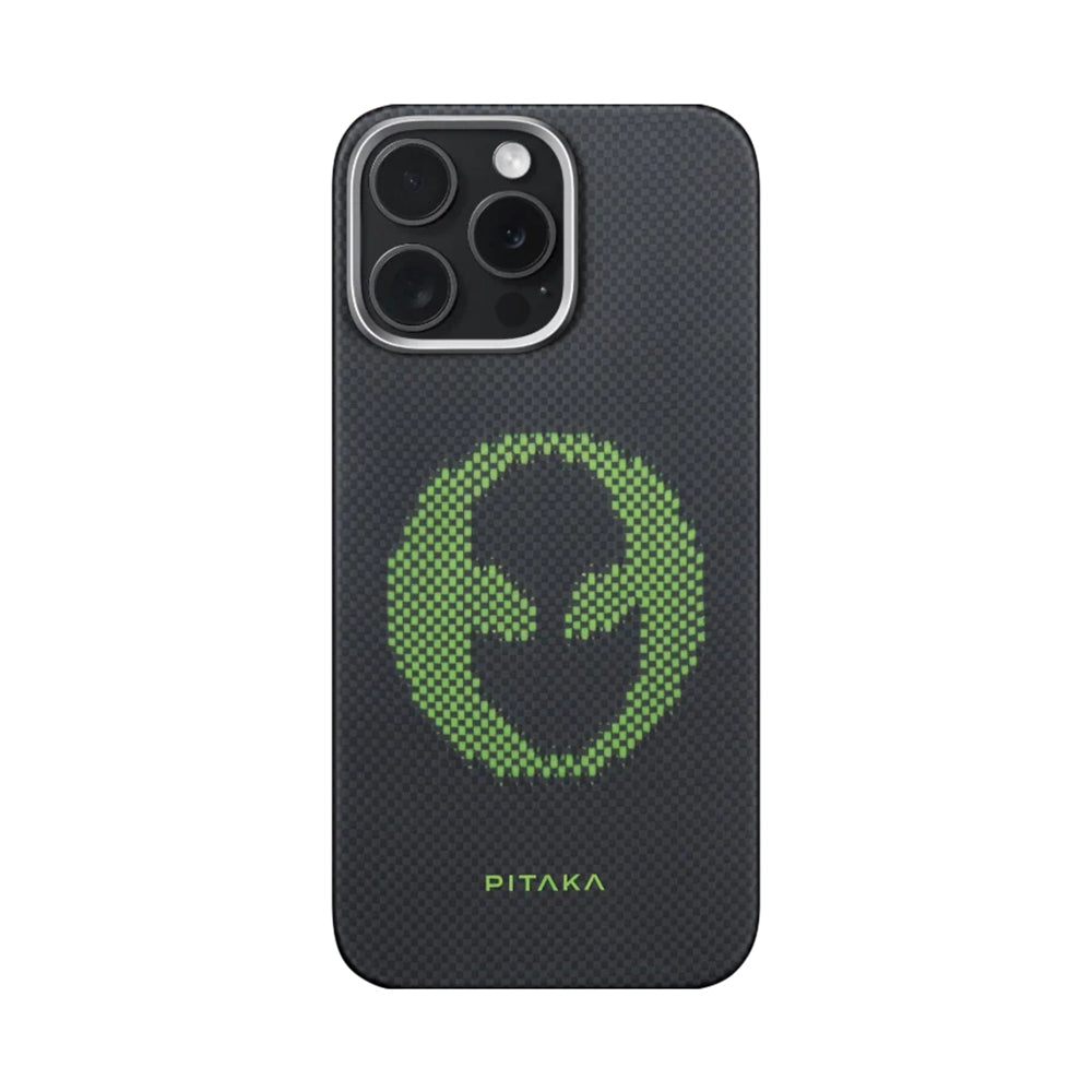 Apple iPhone 15 Pro Max Kılıf  Magsafe Şarj Özellikli Lumintex Teknolojili Fosforlu Aramid Fiber Pitaka Tactile Woven Aries Serisi Kapak Siyah-Yeşil