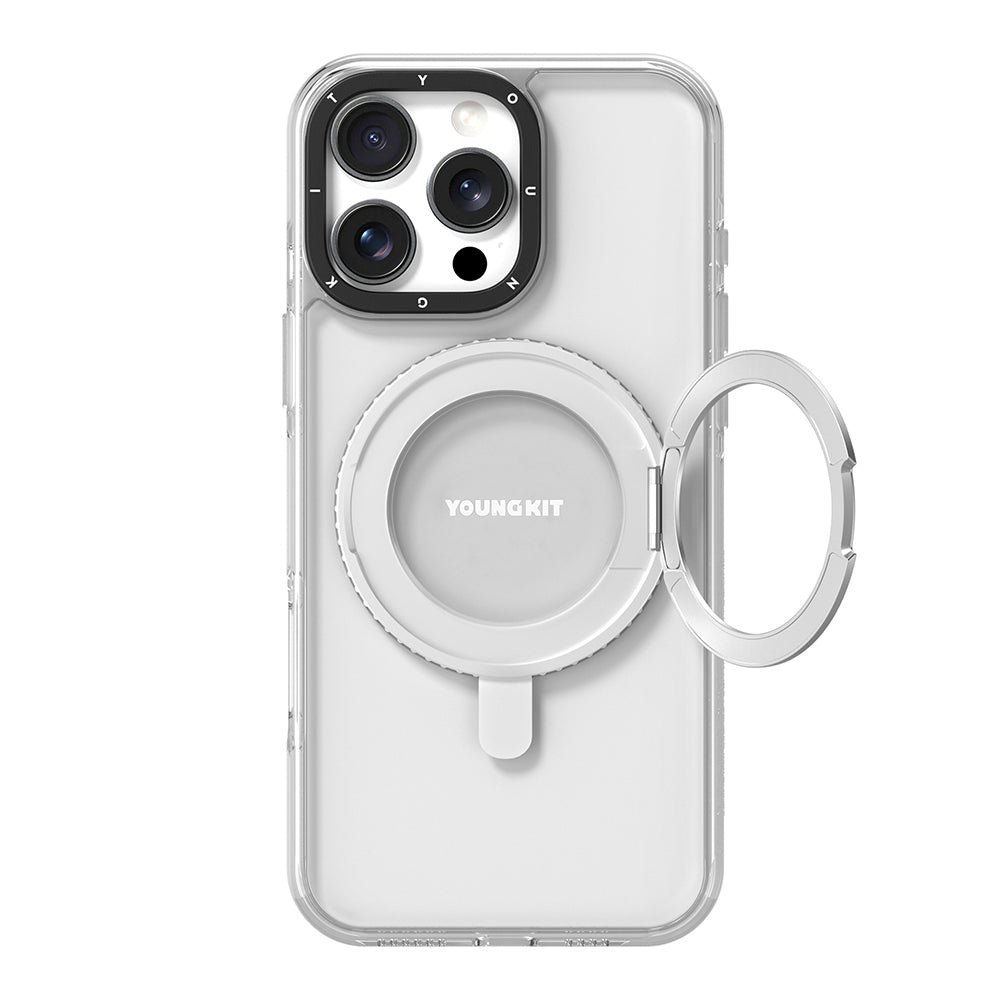 Apple iPhone 15 Pro Max Kılıf M-safe Şarj Özellikli Parmak Ring Standlı Youngkit Pivot Serisi Kapak Şeffaf