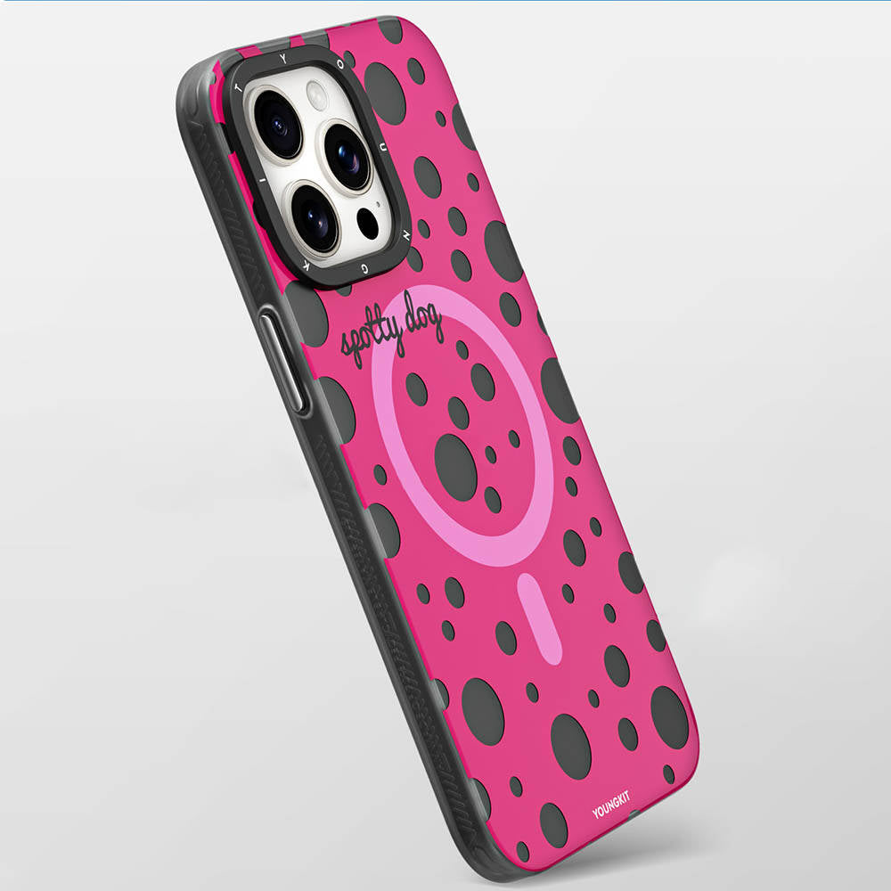 Apple iPhone 15 Pro Max Kılıf Magsafe Şarj Özellikli Polka Dot Desenli Youngkit Spots Serisi Kapak Pembe