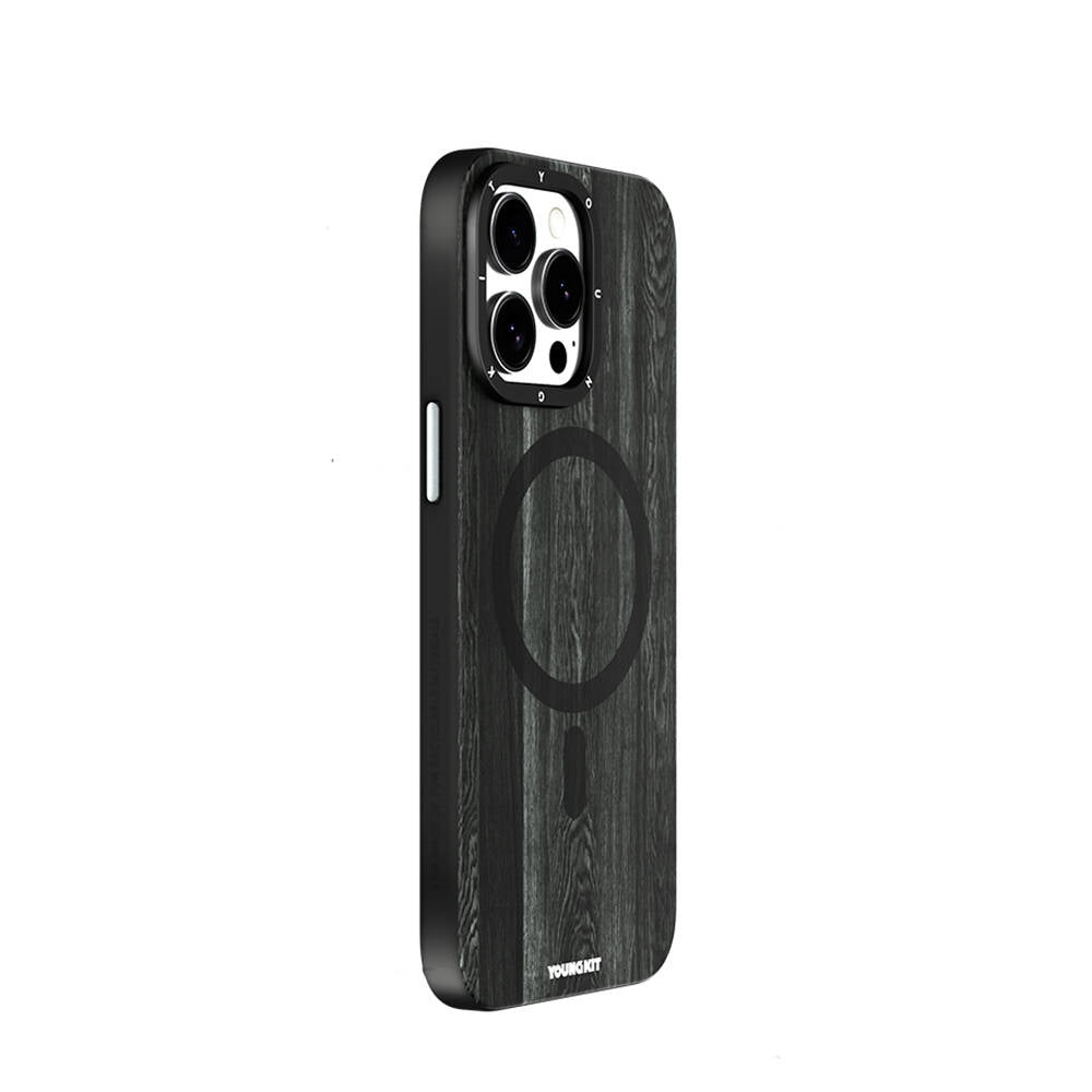 Apple iPhone 15 Pro Max Kılıf Magsafe Şarj Özellikli Sararmaya Dayanıklı Youngkit Wood Forest Serisi Kapak Kahverengi