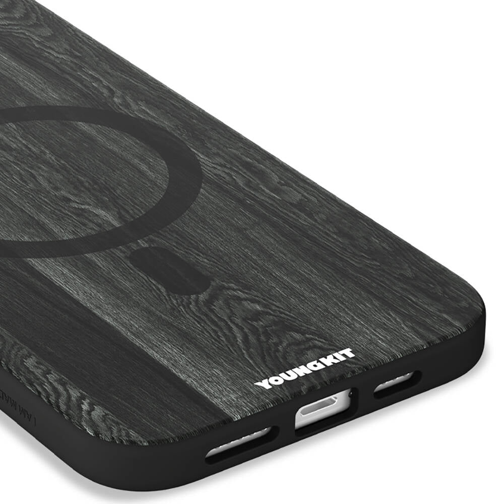 Apple iPhone 15 Pro Max Kılıf Magsafe Şarj Özellikli Sararmaya Dayanıklı Youngkit Wood Forest Serisi Kapak Siyah