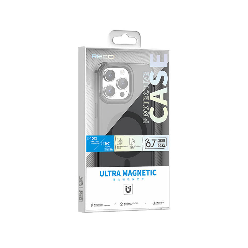 Apple iPhone 15 Pro Max Kılıf Magsafe Şarj Özellikli Saydam Arka Yüzey Recci Crystal Color Serisi Kapak Mavi