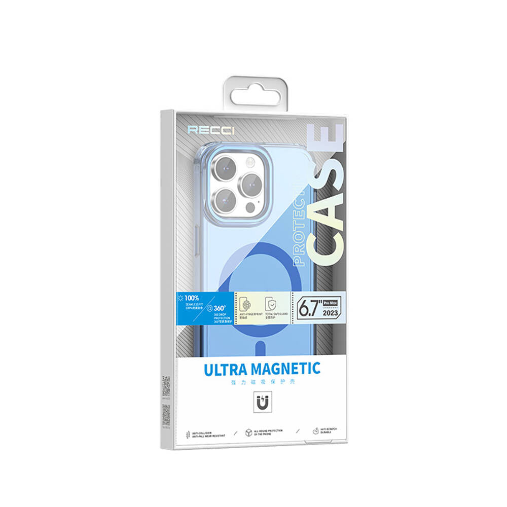 Apple iPhone 15 Pro Max Kılıf Magsafe Şarj Özellikli Saydam Arka Yüzey Recci Crystal Color Serisi Kapak Mavi