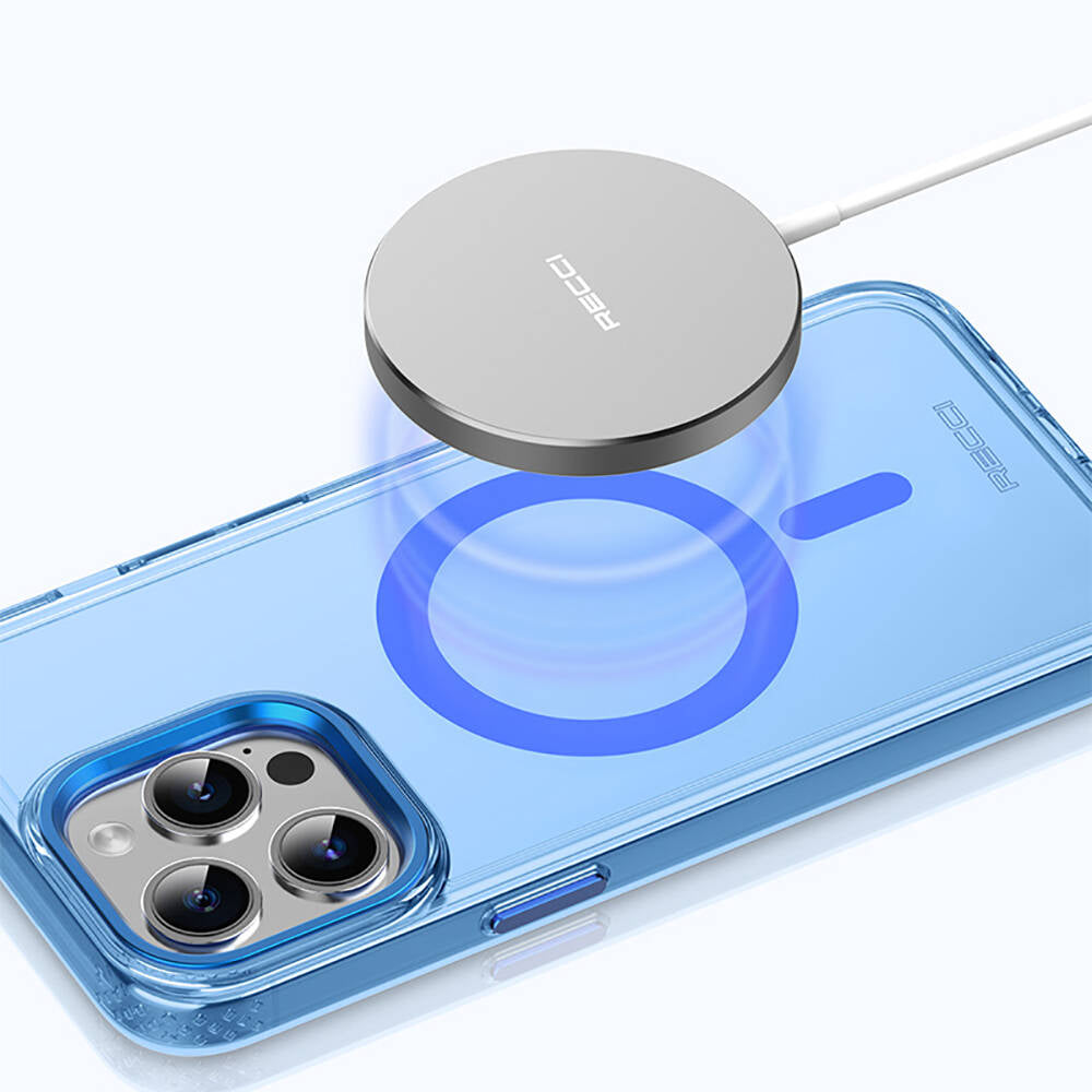 Apple iPhone 15 Pro Max Kılıf Magsafe Şarj Özellikli Saydam Arka Yüzey Recci Crystal Color Serisi Kapak Mavi