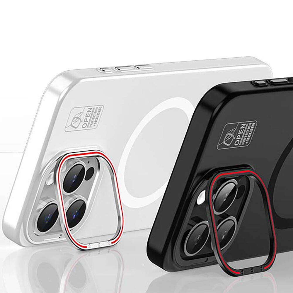 Apple iPhone 15 Pro Max Kılıf Magsafe Şarj Özellikli Standlı Metal Kamera Çerçeveli Mat Recci Glaze Serisi Kapak Beyaz