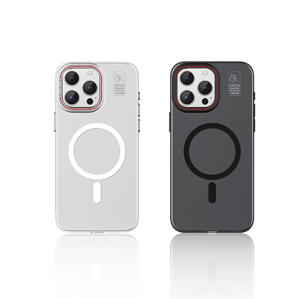 Apple iPhone 15 Pro Max Kılıf Magsafe Şarj Özellikli Standlı Metal Kamera Çerçeveli Mat Recci Glaze Serisi Kapak Siyah