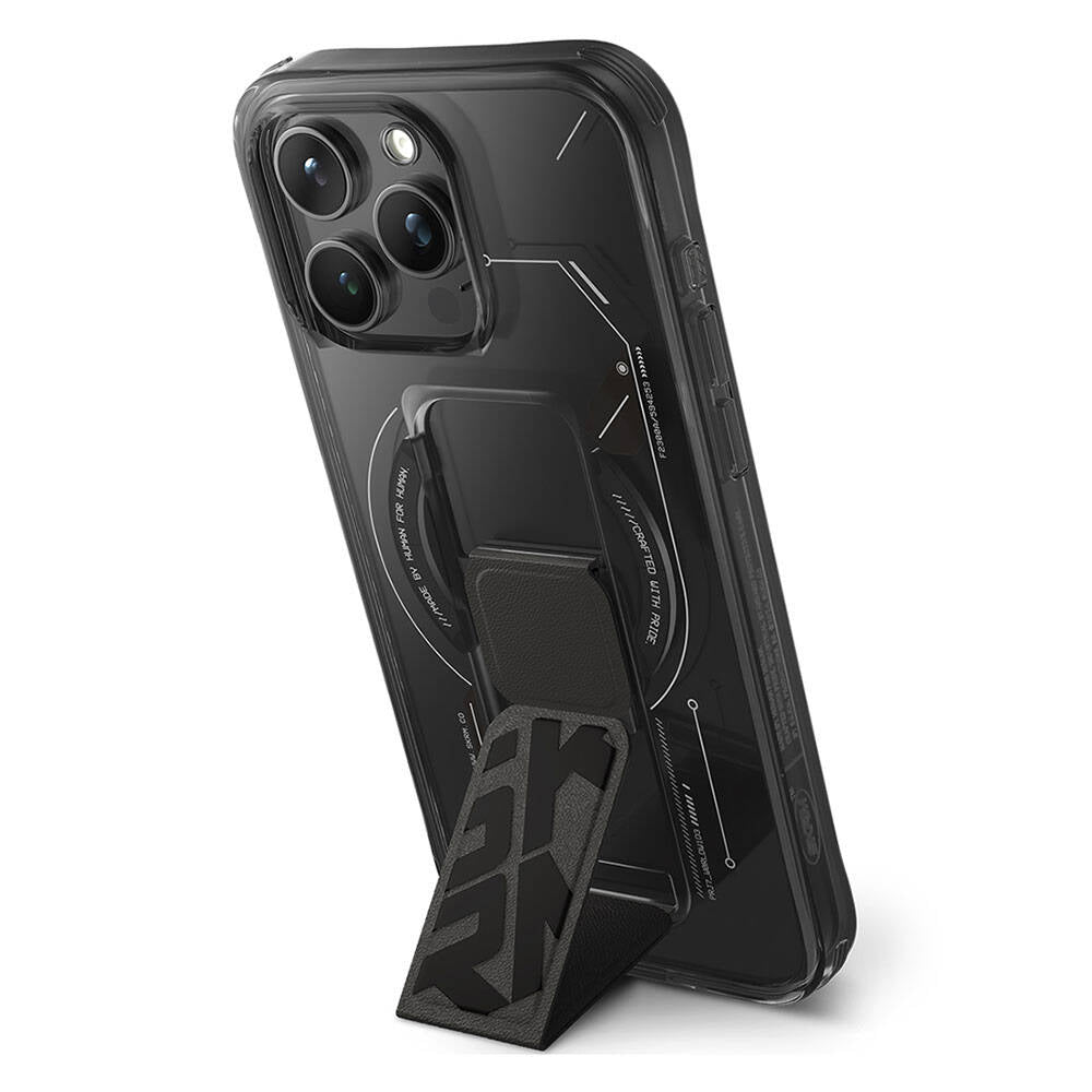 Apple iPhone 15 Pro Max Kılıf Magsafe Şarj Özellikli Teknoloji Desenli Standlı Skinarma Helio Kapak Siyah