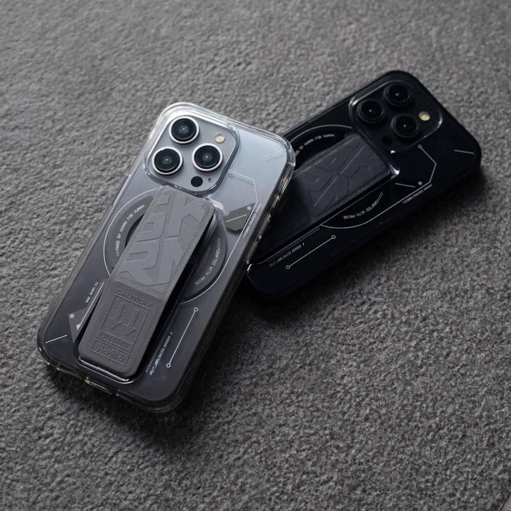 Apple iPhone 15 Pro Max Kılıf Magsafe Şarj Özellikli Teknoloji Desenli Standlı Skinarma Helio Kapak Siyah