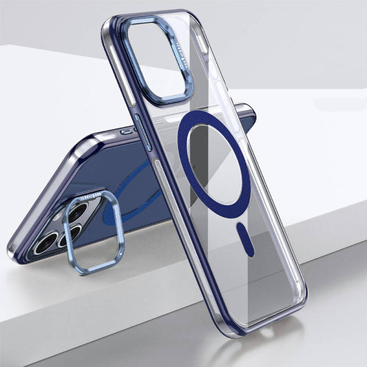 Apple iPhone 15 Pro Max Kılıf Magsafe Şarj Özellikli Wlons Standlı Efsane Kapak Mavi