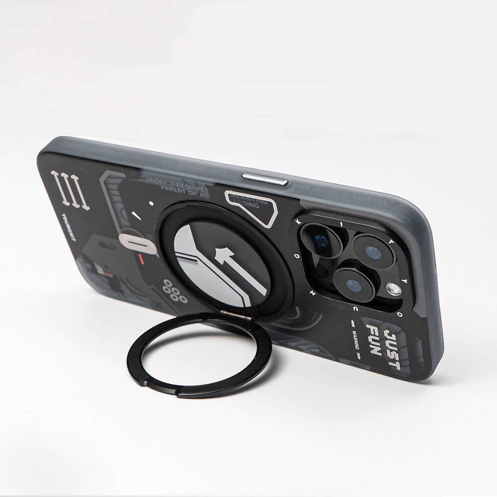 Apple iPhone 15 Pro Max Kılıf Magsafe Şarj Özellikli Youngkit 360° Standlı Starship Serisi Kapak Siyah