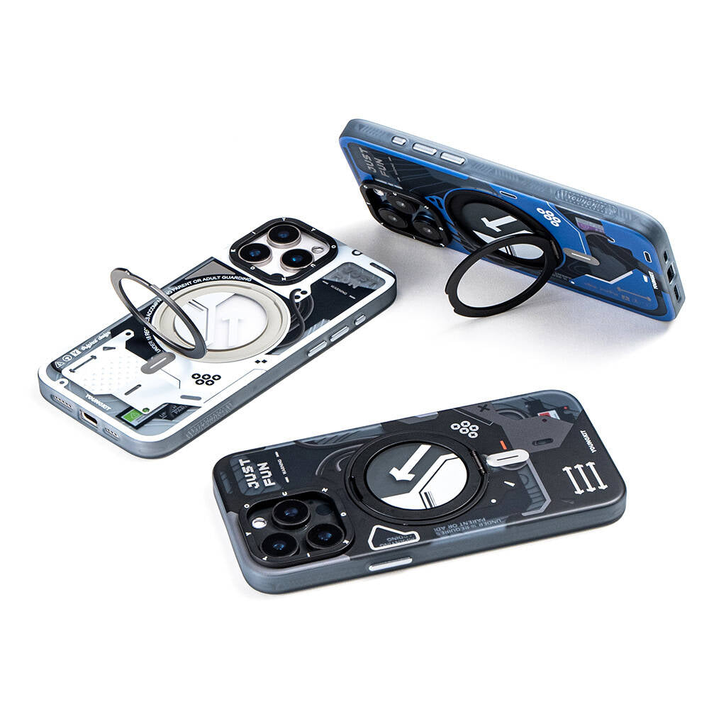 Apple iPhone 15 Pro Max Kılıf Magsafe Şarj Özellikli Youngkit 360° Standlı Starship Serisi Kapak Mavi