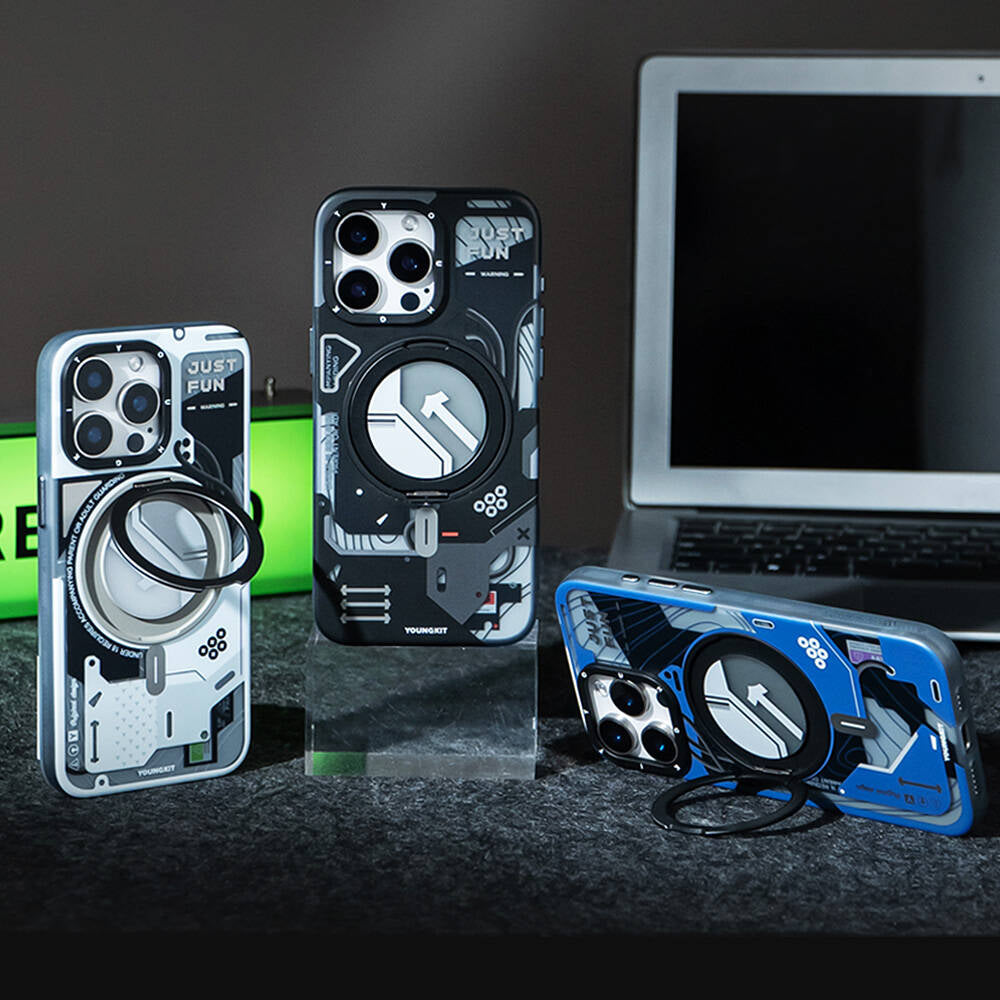 Apple iPhone 15 Pro Max Kılıf Magsafe Şarj Özellikli Youngkit 360° Standlı Starship Serisi Kapak Siyah