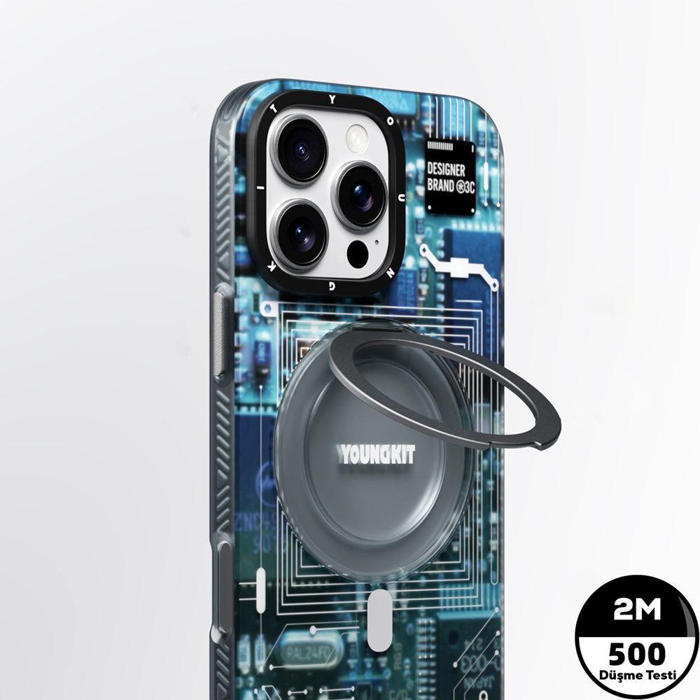 Apple iPhone 15 Pro Max Kılıf Magsafe Şarj Özellikli Youngkit 360° Standlı Technology Serisi Kapak Gri