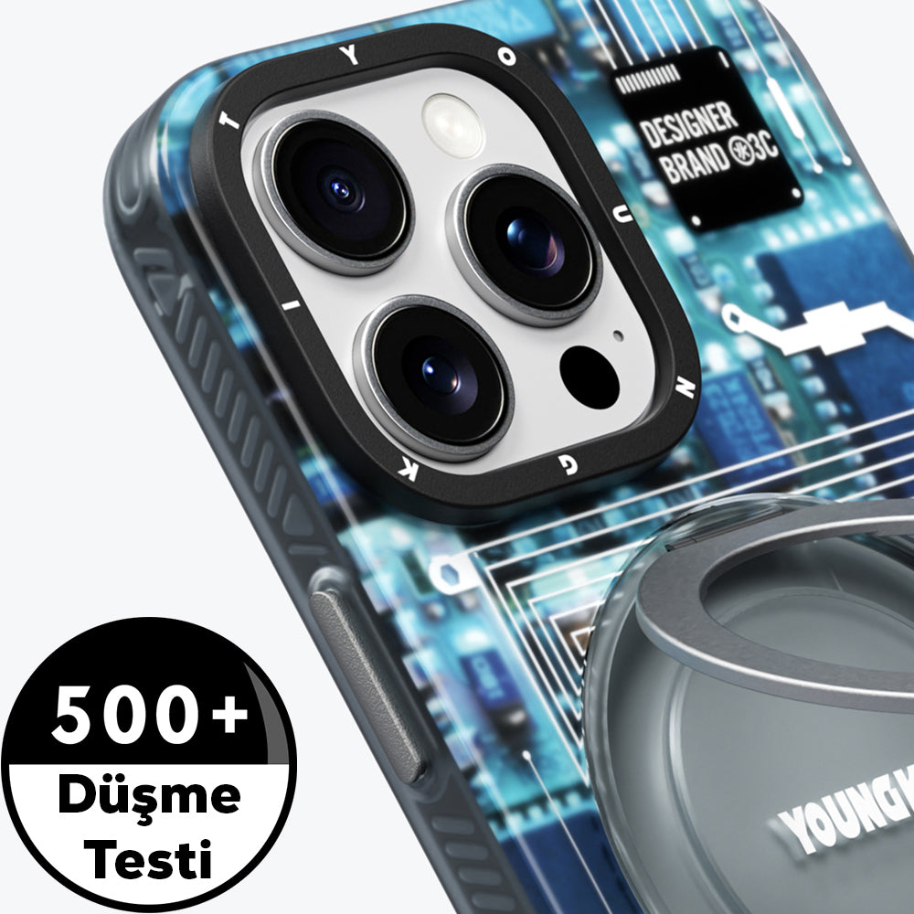 Apple iPhone 15 Pro Max Kılıf Magsafe Şarj Özellikli Youngkit 360° Standlı Technology Serisi Kapak Gri