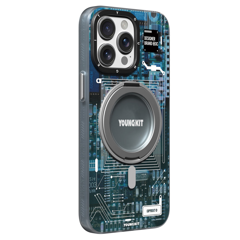 Apple iPhone 15 Pro Max Kılıf Magsafe Şarj Özellikli Youngkit 360° Standlı Technology Serisi Kapak Gri