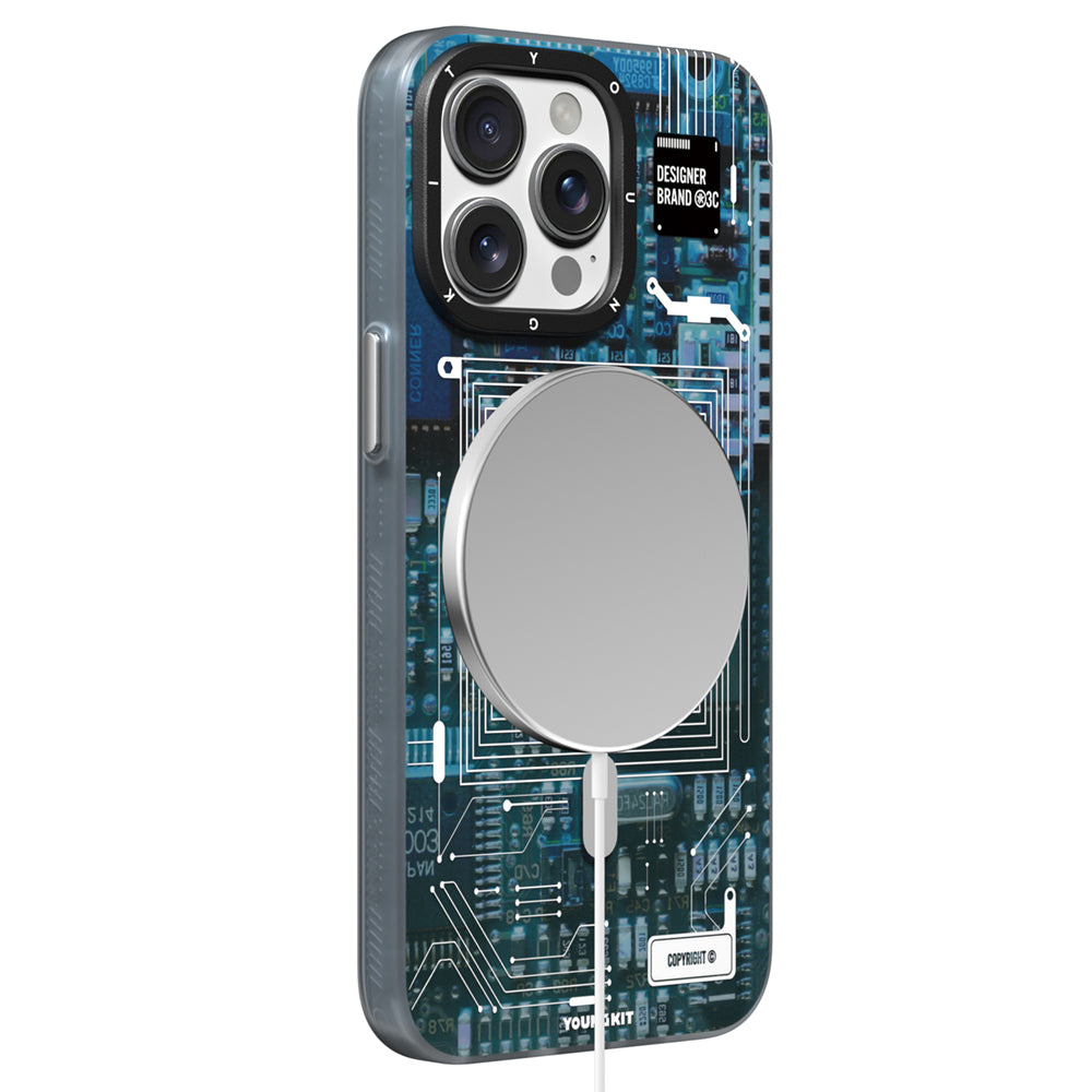 Apple iPhone 15 Pro Max Kılıf Magsafe Şarj Özellikli Youngkit 360° Standlı Technology Serisi Kapak Gri