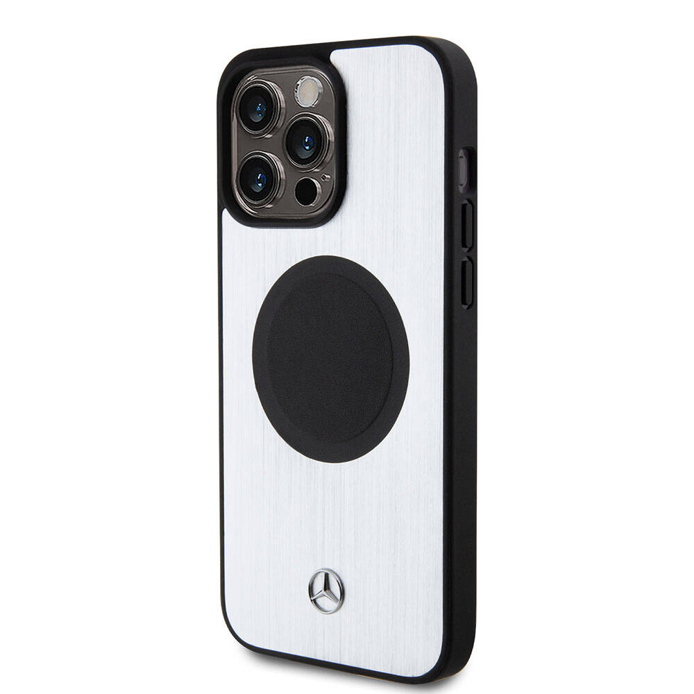 Apple iPhone 15 Pro Max Kılıf Mercedes Benz Orjinal Lisanslı Magsafe Şarj Özellikli Alüminyum Arka Yüzey Metal Yıldız Logolu Kapak Gümüş