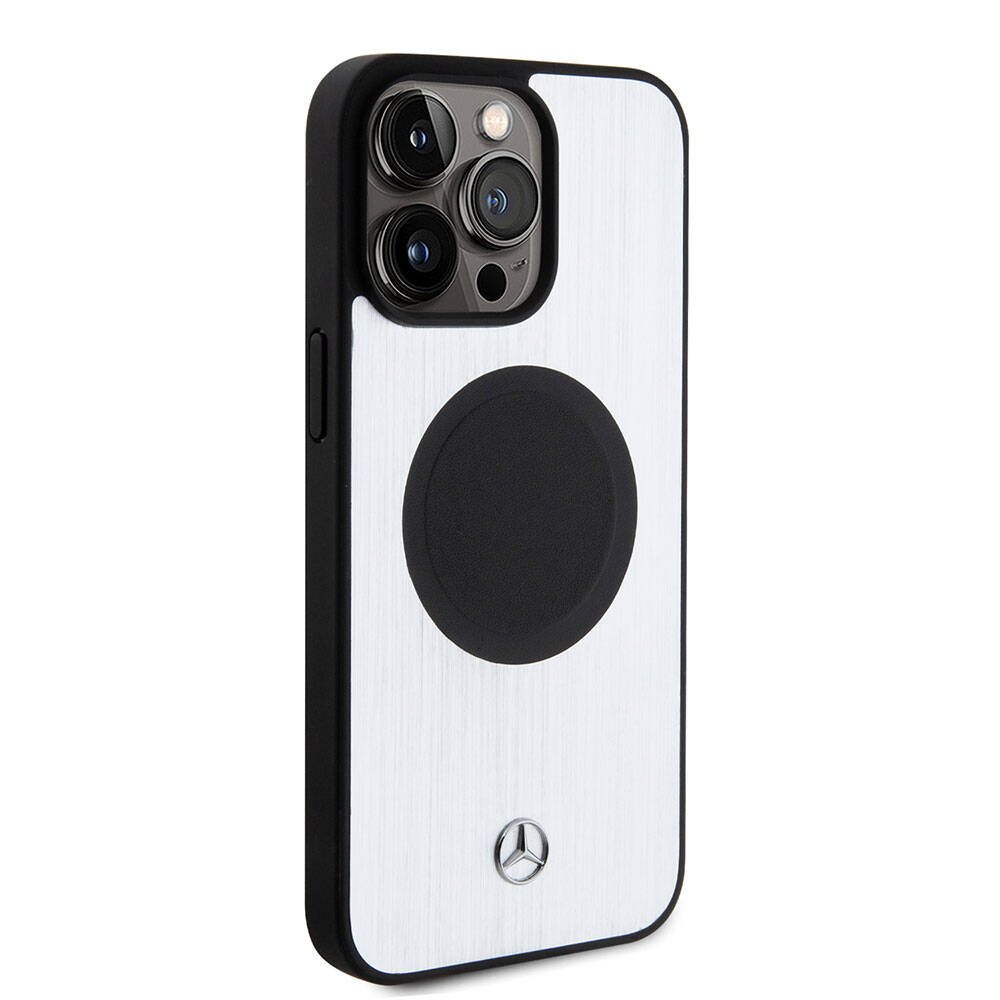 Apple iPhone 15 Pro Max Kılıf Mercedes Benz Orjinal Lisanslı Magsafe Şarj Özellikli Alüminyum Arka Yüzey Metal Yıldız Logolu Kapak Gümüş