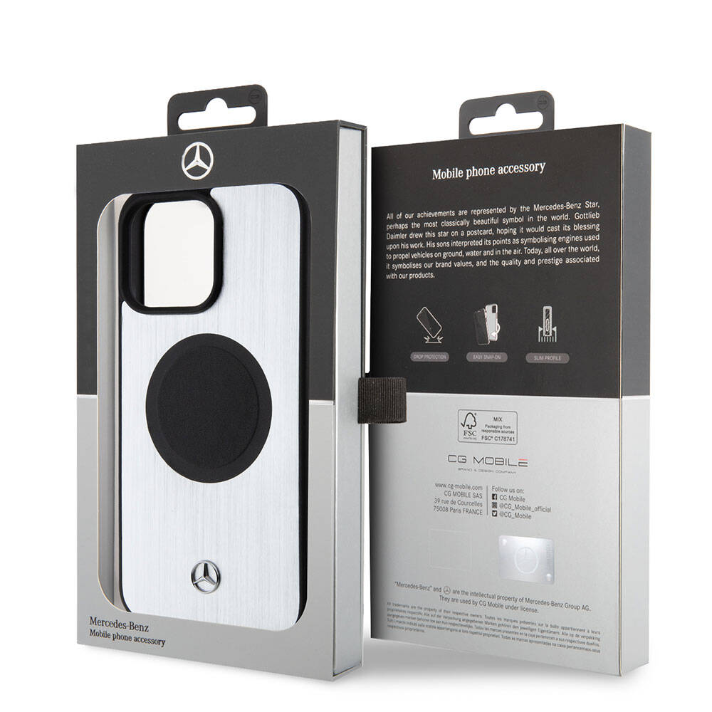 Apple iPhone 15 Pro Max Kılıf Mercedes Benz Orjinal Lisanslı Magsafe Şarj Özellikli Alüminyum Arka Yüzey Metal Yıldız Logolu Kapak Gümüş