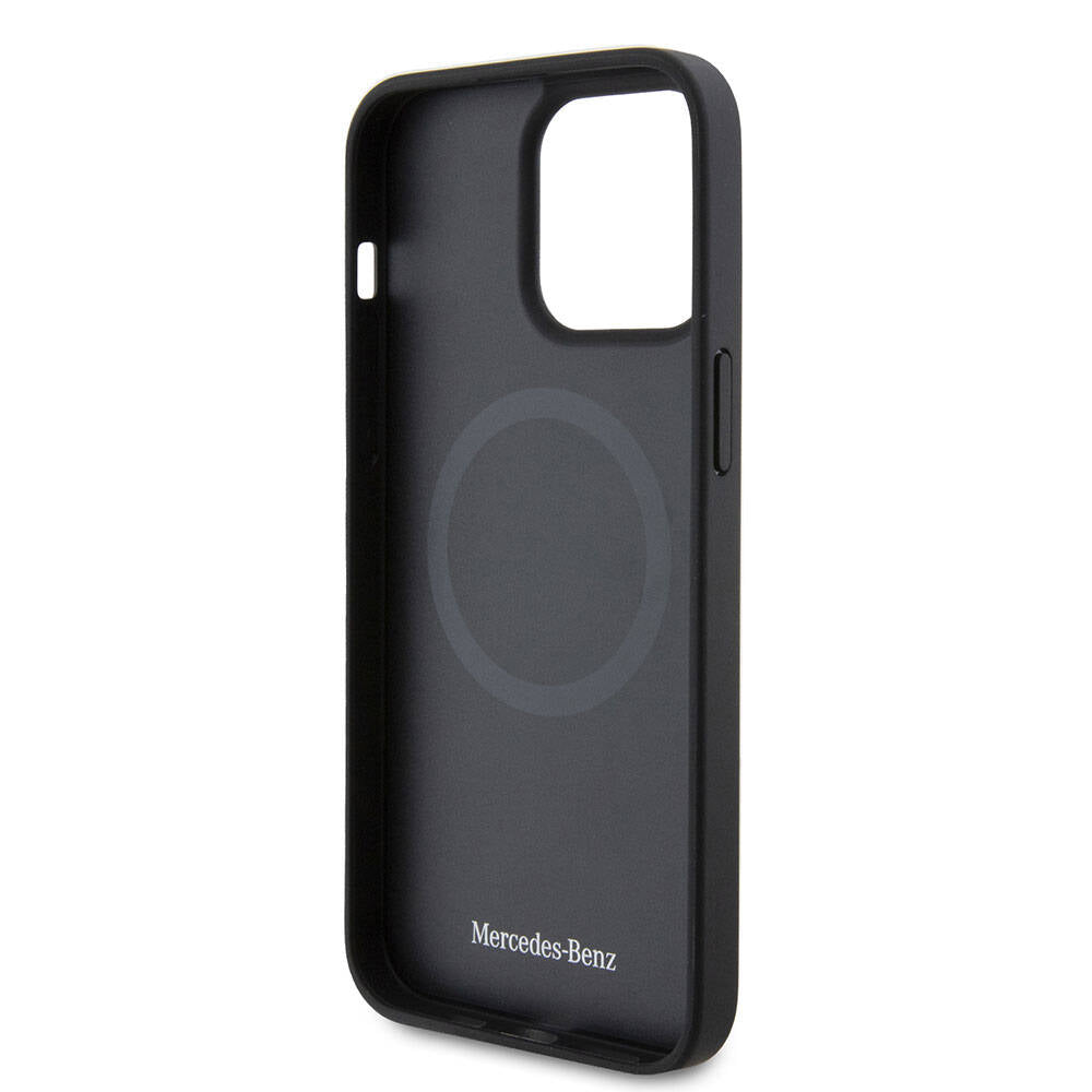 Apple iPhone 15 Pro Max Kılıf Mercedes Benz Orjinal Lisanslı Magsafe Şarj Özellikli Metal Yıldız Logolu Pürüzsüz Deri Kapak Siyah