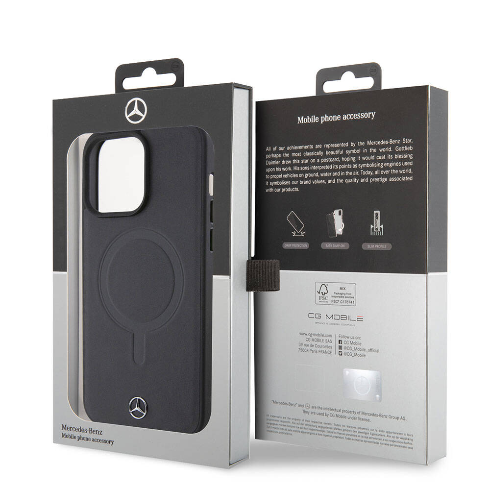 Apple iPhone 15 Pro Max Kılıf Mercedes Benz Orjinal Lisanslı Magsafe Şarj Özellikli Metal Yıldız Logolu Pürüzsüz Deri Kapak Siyah