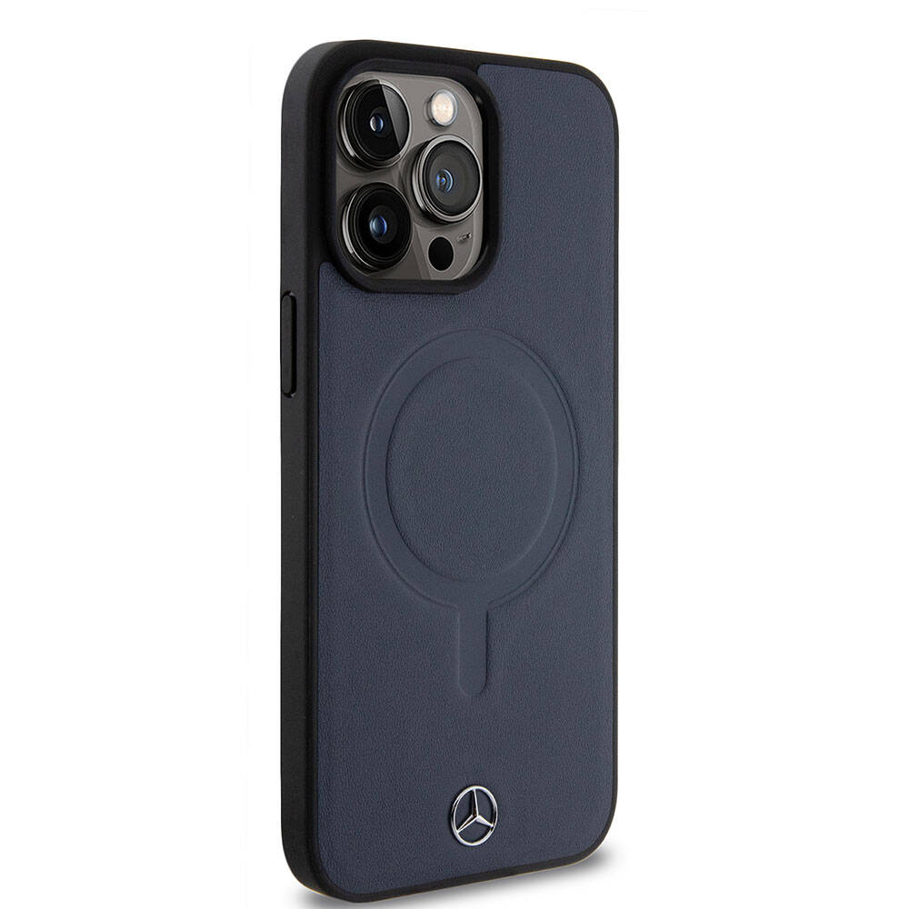 Apple iPhone 15 Pro Max Kılıf Mercedes Benz Orjinal Lisanslı Magsafe Şarj Özellikli Metal Yıldız Logolu Pürüzsüz Deri Kapak Siyah
