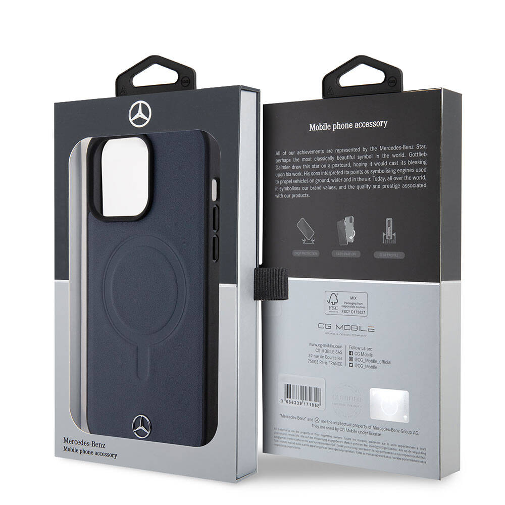 Apple iPhone 15 Pro Max Kılıf Mercedes Benz Orjinal Lisanslı Magsafe Şarj Özellikli Metal Yıldız Logolu Pürüzsüz Deri Kapak Lacivert