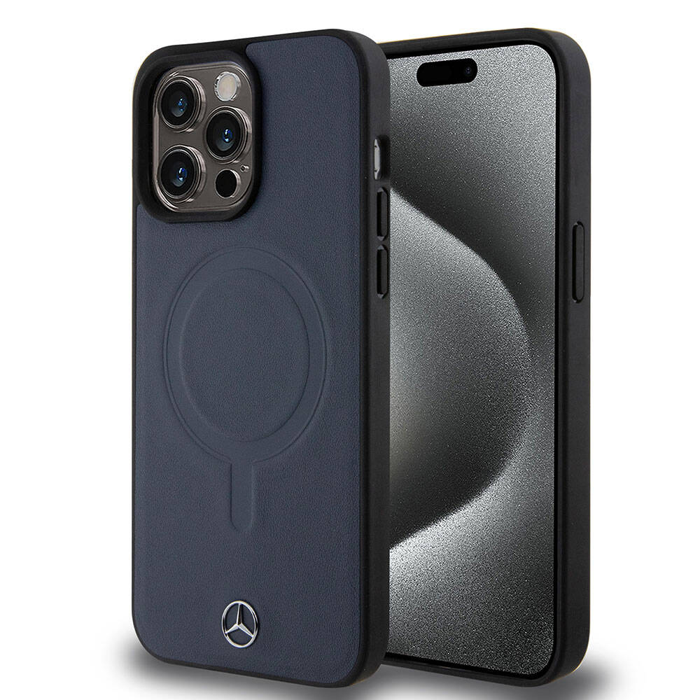 Apple iPhone 15 Pro Max Kılıf Mercedes Benz Orjinal Lisanslı Magsafe Şarj Özellikli Metal Yıldız Logolu Pürüzsüz Deri Kapak Lacivert