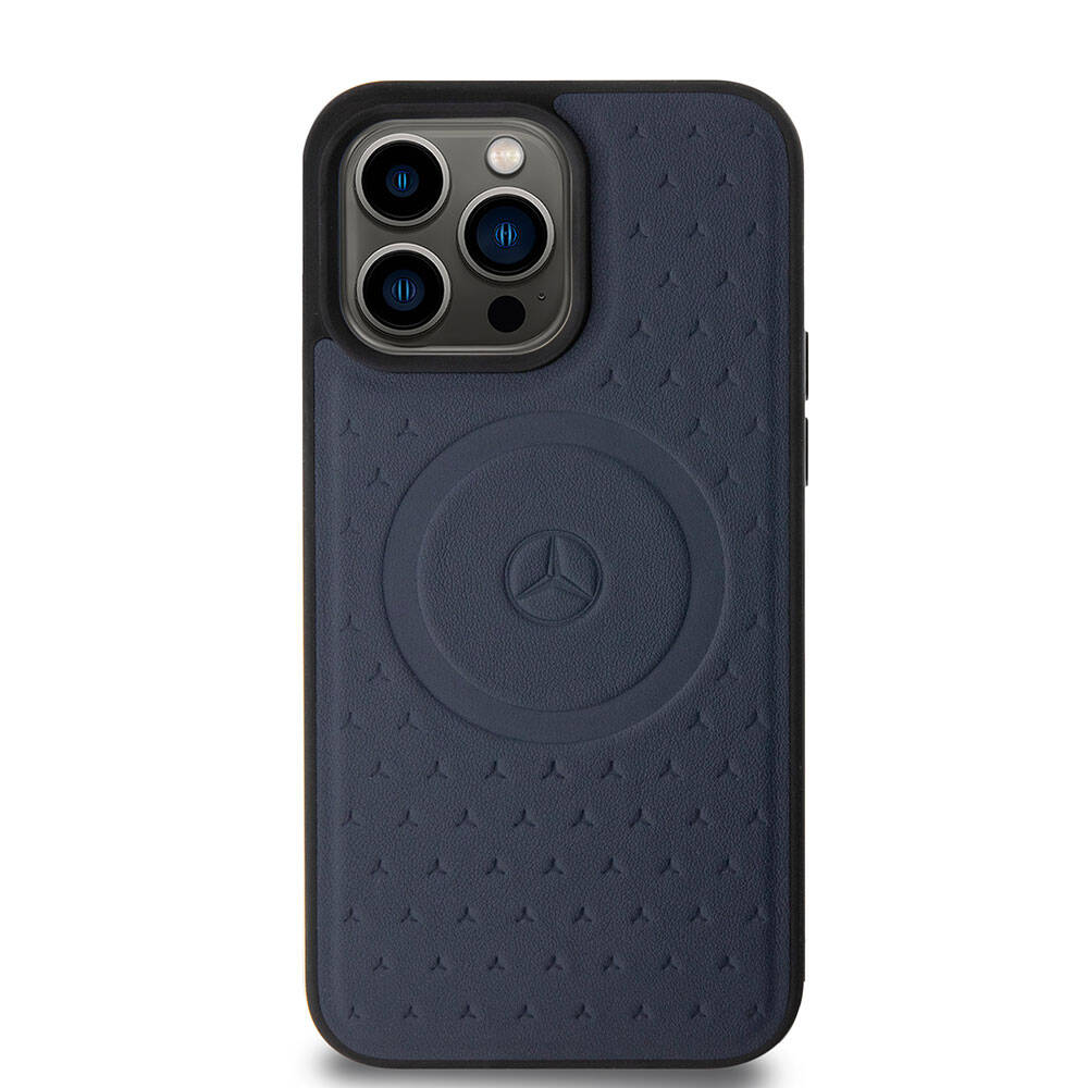 Apple iPhone 15 Pro Max Kılıf Mercedes Benz Orjinal Lisanslı Magsafe Şarj Özellikli Mühürlü Yıldız Desenli ve Logolu Deri Kapak Lacivert