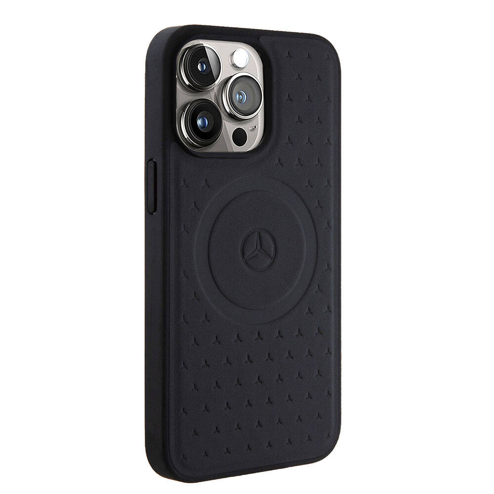 Apple iPhone 15 Pro Max Kılıf Mercedes Benz Orjinal Lisanslı Magsafe Şarj Özellikli Mühürlü Yıldız Desenli ve Logolu Deri Kapak Lacivert