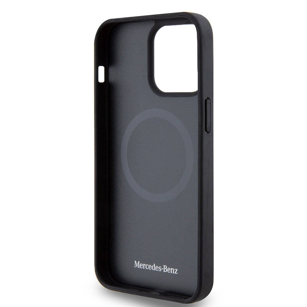 Apple iPhone 15 Pro Max Kılıf Mercedes Benz Orjinal Lisanslı Magsafe Şarj Özellikli Mühürlü Yıldız Desenli ve Logolu Deri Kapak Siyah