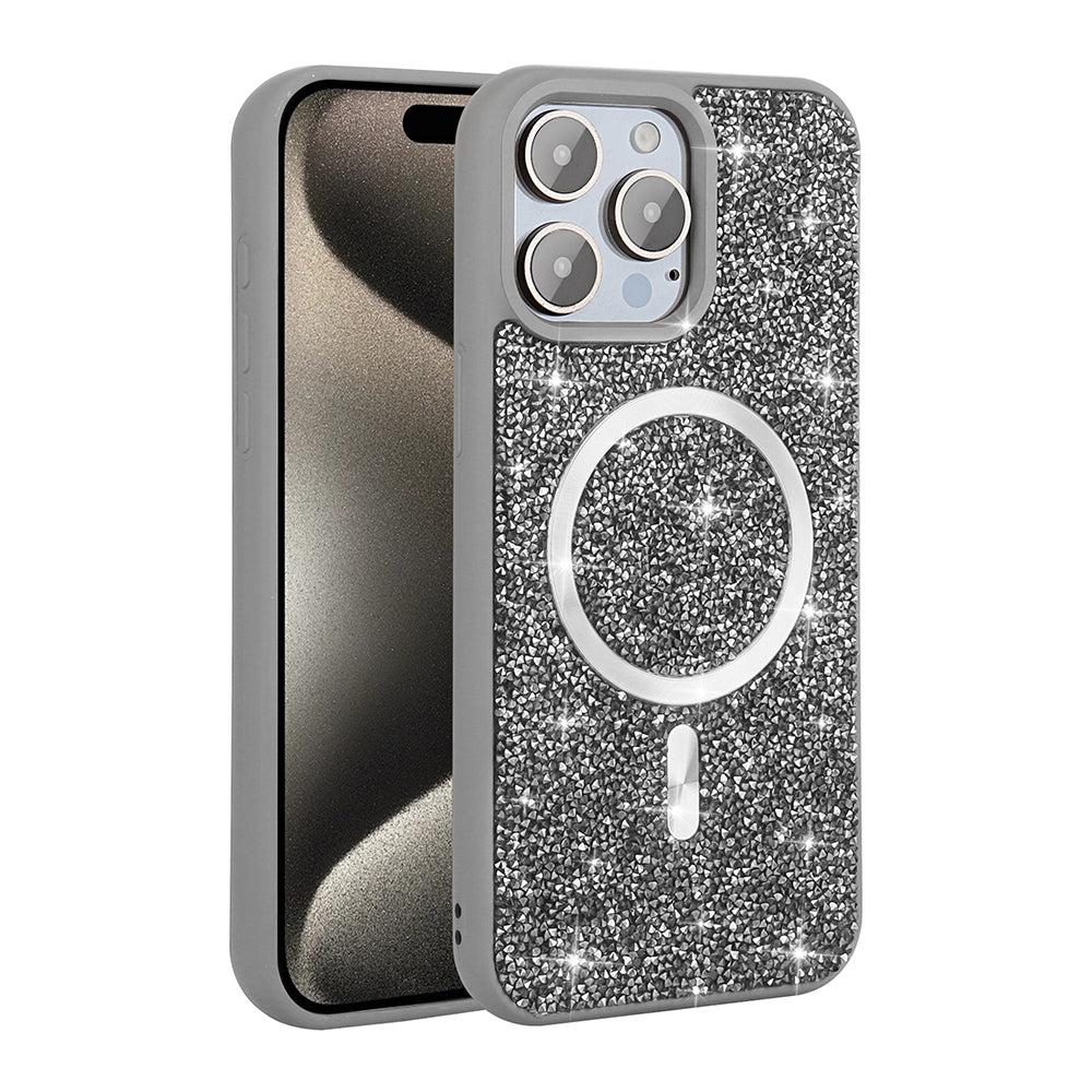 Apple iPhone 15 Pro Max Kılıf Pırlanta Tasarımlı M-safe Şarj Özellikli Zore Mozaik Silikon Kapak Desert Titanyum