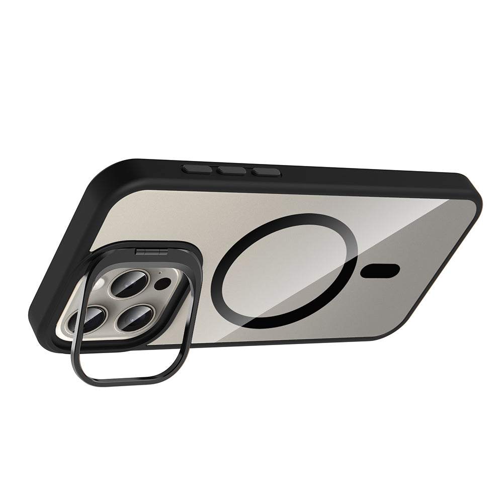 Apple iPhone 15 Pro Max Kılıf Standlı ve Kamera Lens Hediyeli M-Safe Şarj Özellikli Zore Etro Kapak Lacivert