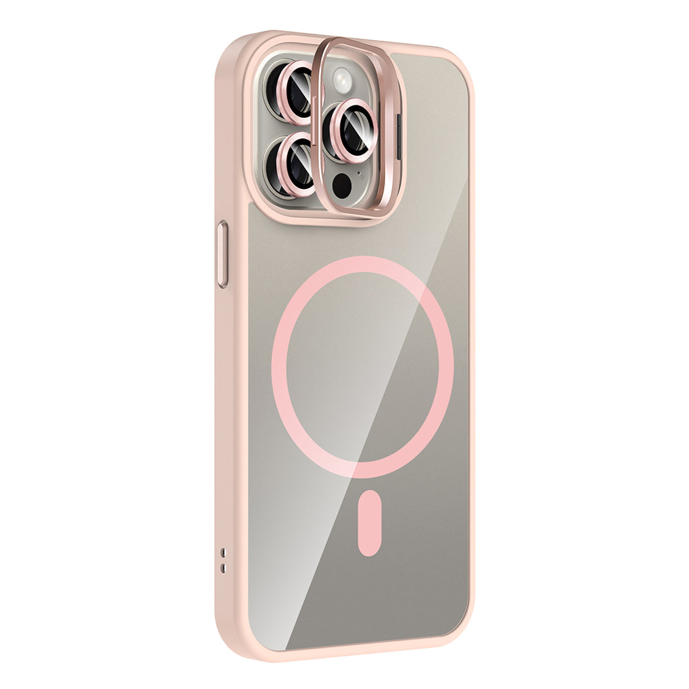 Apple iPhone 15 Pro Max Kılıf Standlı ve Kamera Lens Hediyeli M-Safe Şarj Özellikli Zore Etro Kapak Pembe