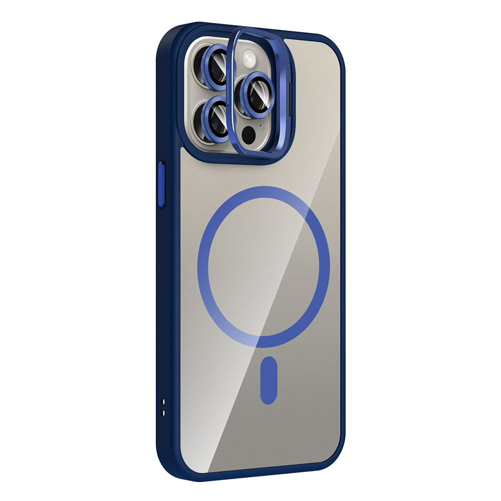 Apple iPhone 15 Pro Max Kılıf Standlı ve Kamera Lens Hediyeli M-Safe Şarj Özellikli Zore Etro Kapak Gri