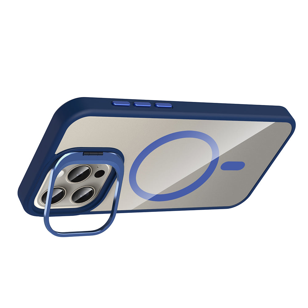 Apple iPhone 15 Pro Max Kılıf Standlı ve Kamera Lens Hediyeli M-Safe Şarj Özellikli Zore Etro Kapak Gri