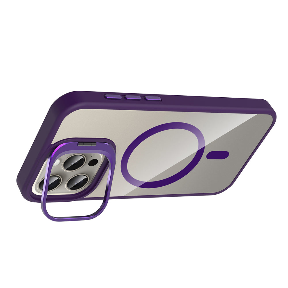 Apple iPhone 15 Pro Max Kılıf Standlı ve Kamera Lens Hediyeli M-Safe Şarj Özellikli Zore Etro Kapak Gri